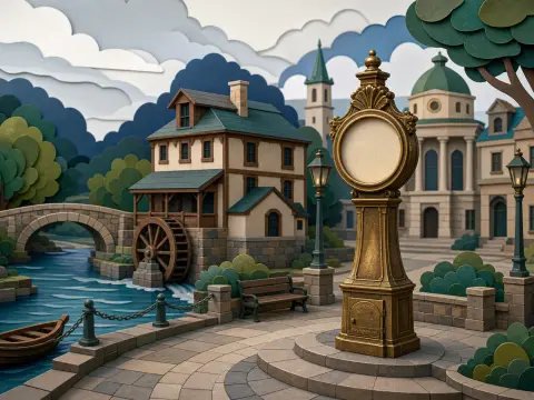 Papercraft-style town plaza with an ornate clock pedestal beside a flowing canal, watermill, and stone bridge.