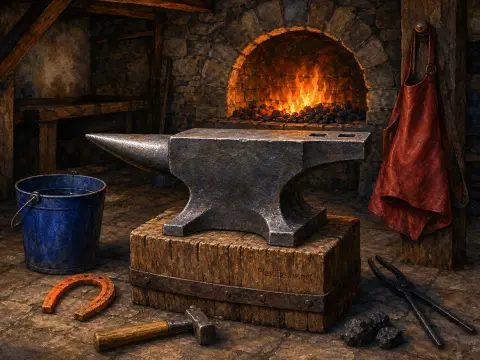 A heavy iron anvil on a timber block in a stone forge, with a glowing fire, blue bucket, and tools.
