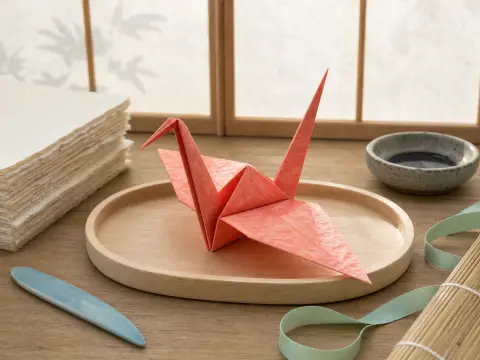 A coral paper origami crane resting on a wooden tray beside a stack of textured paper sheets and crafting tools.