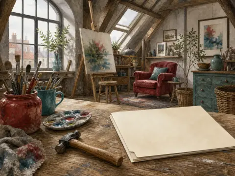 An attic artist studio with painting supplies on a wooden table, an easel, and a red armchair under sloped beams.