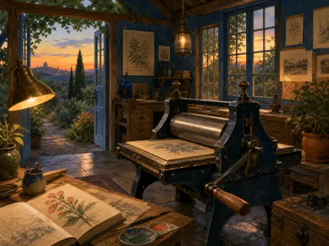 A rustic printmaker's studio with a blue printing press and open doors overlooking a hillside sunset.