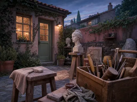 An outdoor stone carving workshop in a courtyard with sculpting tools, a marble bust, and a glowing cottage window.