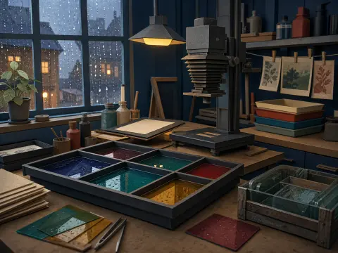 A cozy darkroom with a vintage photo enlarger, colorful developing trays, and a rainy window overlooking city lights.