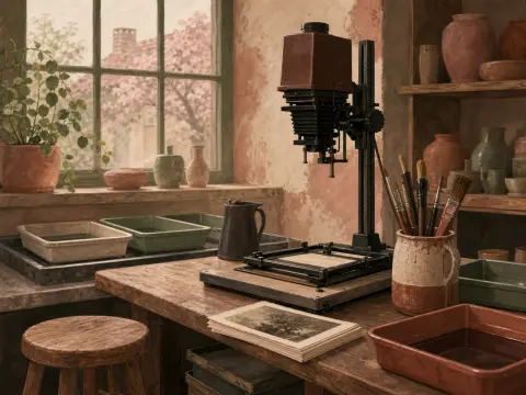 Vintage photographic enlarger and developing trays on a wooden workbench inside a rustic darkroom studio.
