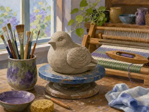 A clay bird sculpture rests on a turntable beside paintbrushes, sculpting tools, and a small wooden weaving loom.