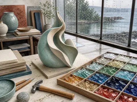 A swirling green ceramic sculpture, tools, and a wooden tray of colorful glass stones by a rainy studio window.