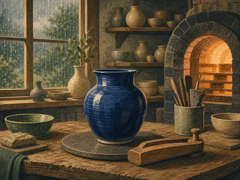 A glazed blue ceramic vase sits on a wheel in a rustic pottery studio with a glowing kiln and rainy window.