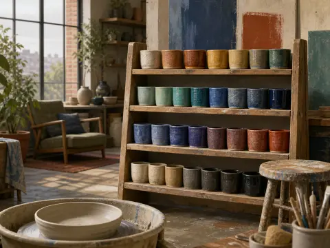 Rows of colorful glazed ceramic cups on a wooden rack in a sunlit pottery workshop beside a potter's wheel.