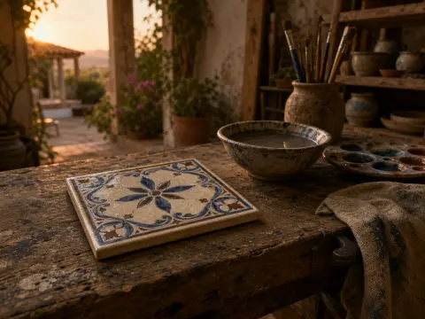 A square painted ceramic tile sits on a rustic wooden workbench with brushes and paints overlooking a sunny courtyard.