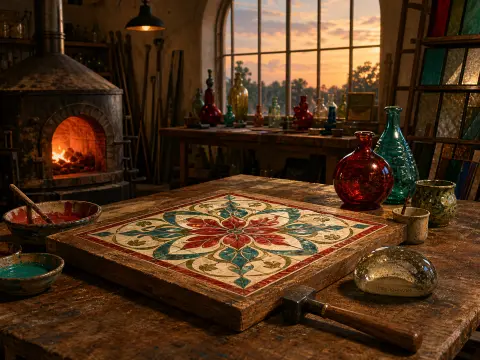 A floral tile mosaic plaque rests on a wooden studio workbench near glass bottles and a glowing brick kiln.