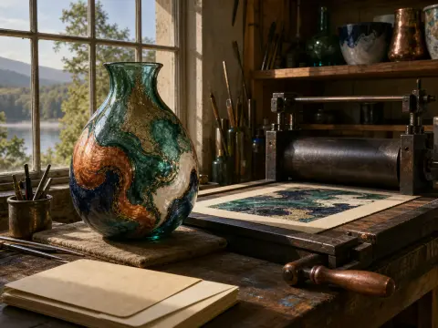 A colorful swirled glass vase resting on a wooden workbench next to a printmaking press beside a sunny window.