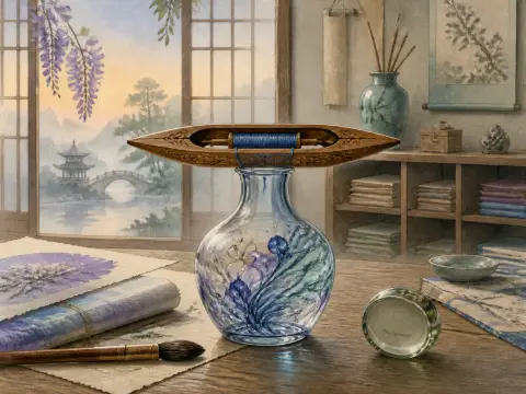 A carved wooden weaving shuttle balanced on an ornamental glass vase on a desk beside an open window with wisteria.