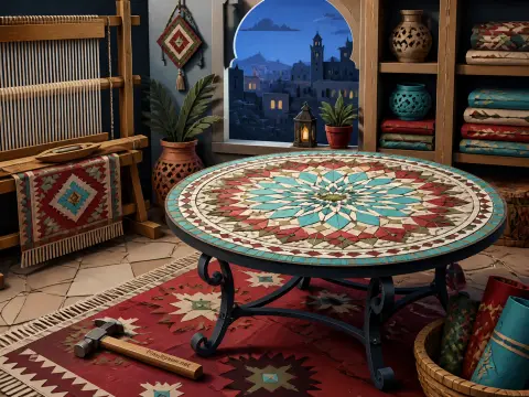 A geometric mosaic coffee table in an artisan workshop beside a wooden loom and an arched window overlooking a city.
