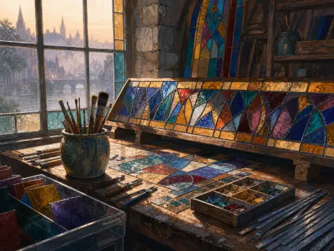 A stained glass workshop with colorful glass panels, tools, brushes, and a window overlooking a historic city skyline.