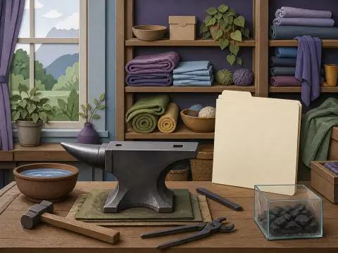 A blacksmith anvil, hammer, and tongs rest on a wooden craft workbench in front of neatly arranged shelves.