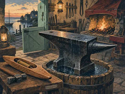 An iron anvil in a water tub inside a seaside blacksmith shop with a glowing fire and a view of a harbor.
