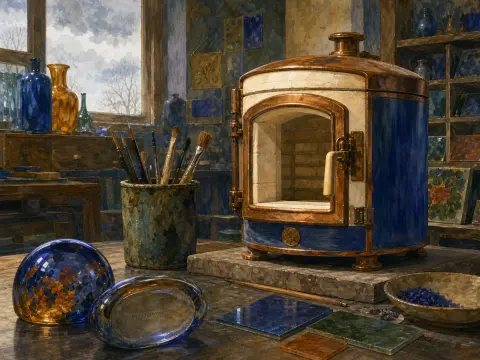 An artist workbench with a tabletop enamel kiln, jars of paintbrushes, glass domes, and sample tiles near a window.