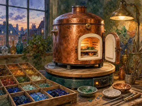 Hammered copper kiln glowing on an artisan workbench beside trays of colorful glass enamel tiles.