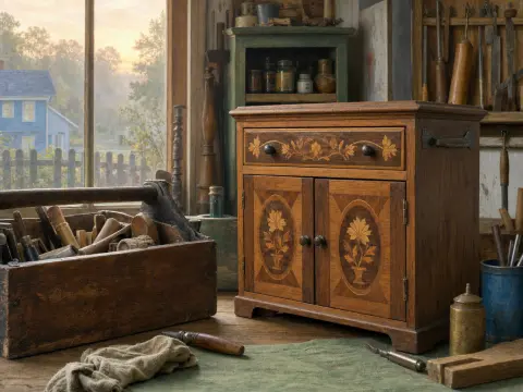 A handcrafted wooden cabinet with floral marquetry beside an antique toolbox in a sunlit workshop.