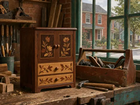 Handcrafted wooden cabinet with floral inlay displayed on a carpenter workbench beside tools and a sunny window.