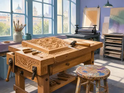 A sunny woodcarving studio featuring an ornate carved wooden panel, chisels, and a mallet on a workbench by large windows.