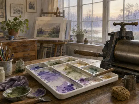 Ceramic paint palette with purple pigments resting on a wooden desk near a vintage printing press and sunny window.