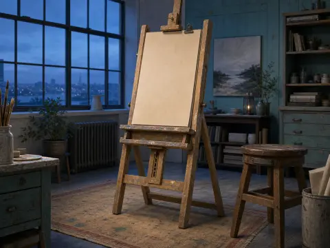 A wooden easel with blank canvas stands before a large window overlooking a city at twilight.
