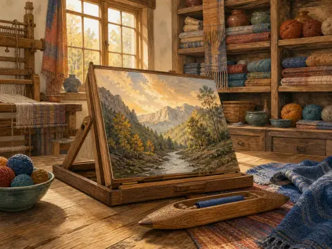 A mountain landscape painting on a tabletop easel inside a rustic weaving studio filled with textiles and yarn.