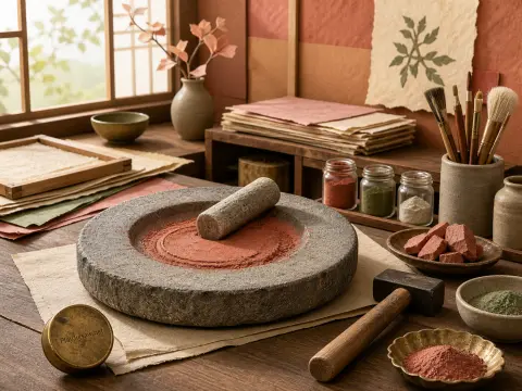 A stone grinding slab with red mineral pigment sits on a wooden workbench surrounded by brushes, jars, and handmade paper.
