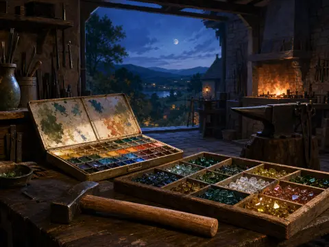 A watercolor palette and cut gems sit on a wooden table inside an open forge overlooking a moonlit valley.