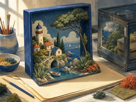 Handcrafted shadow box diorama of a seaside lighthouse and cottages resting on a sunny artist workbench.