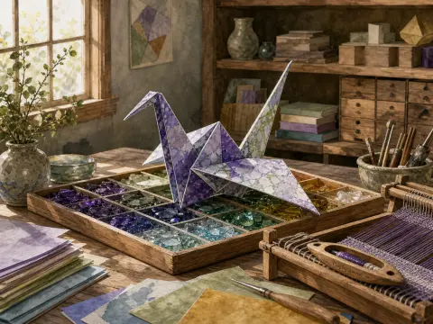 Patterned origami crane resting on a wooden tray filled with colorful glass pieces in a sunlit craft workshop.