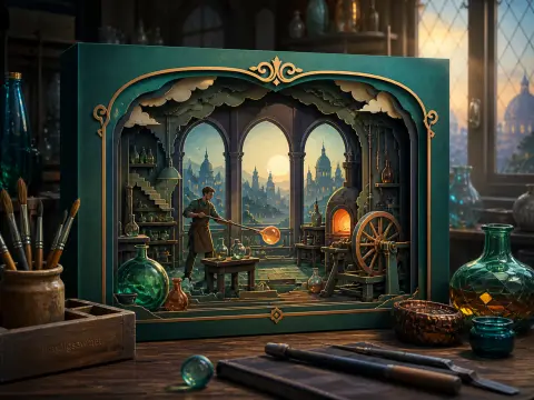 Layered paper diorama of a glassblower working before arched windows overlooking a domed city skyline.