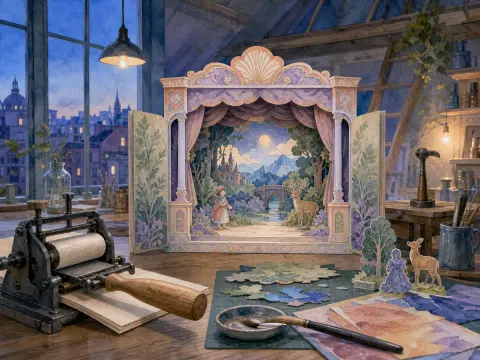 A pop-up miniature paper theater standing on an artist's workbench before a twilight city window.