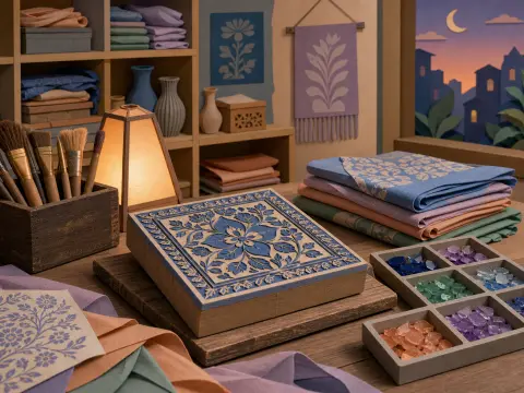A carved floral printing block sits on an artisan workbench beside stacks of fabric, brushes, and a glowing lantern.