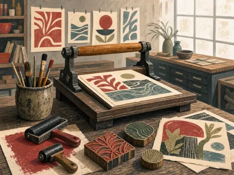 A printmaker's wooden workbench with a small hand press, carved printing blocks, brayers, and colorful linocut prints.