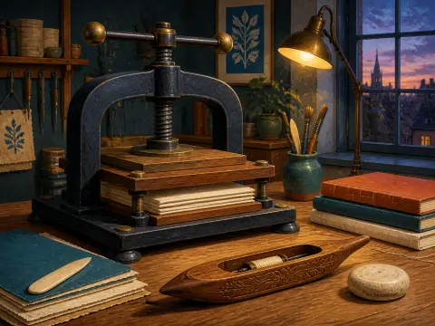A heavy bookbinding press and crafting tools on a wooden workbench next to a glowing brass lamp and window at dusk.