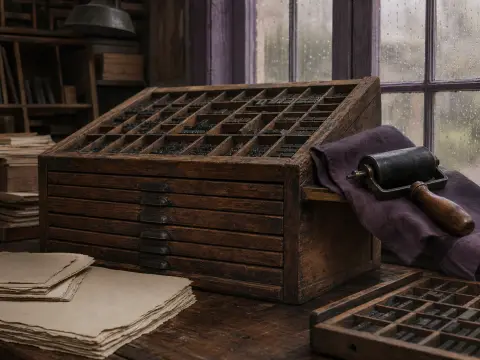 Wooden typesetter cabinet with movable type sorts, an inking roller on a cloth, and paper beside a rainy window.