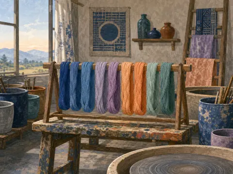 Skeins of colorful dyed yarn hanging on a wooden drying rack inside a rustic textile artisan studio.