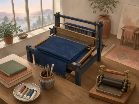 A tabletop weaving loom with blue fabric sits near paints and tools beside a window overlooking misty hills.