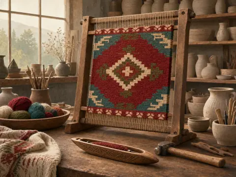 A tabletop wooden loom displaying a red and teal geometric woven tapestry in a sunlit pottery workshop.