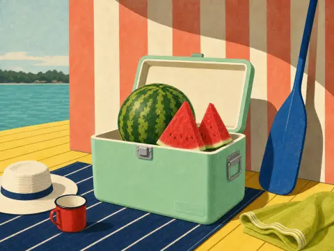 A mint green cooler filled with watermelon slices sits on a dock next to a blue paddle and straw hat.