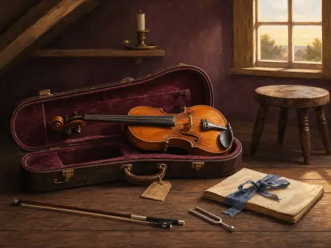 A violin in an open velvet-lined case rests on an attic floor beside sheet music and a sunlit window.