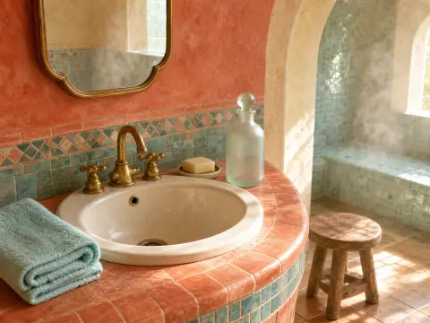 Sunlit terracotta bath vanity with brass faucet and folded towel beside a wooden stool and steamy mosaic archway.