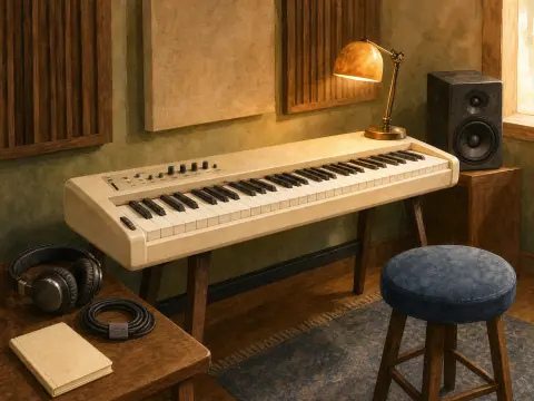 A cream-colored electric piano under a glowing brass lamp with a blue stool and headphones in a warm studio.