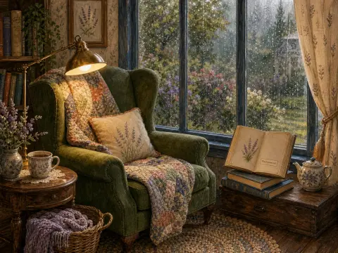 A cozy green armchair with a patchwork quilt sits beside a rain-streaked window looking out on a blooming garden.