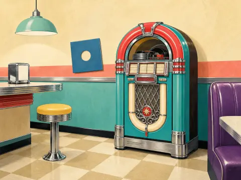 A retro turquoise and red jukebox stands on a checkered diner floor between a yellow stool and a purple booth.