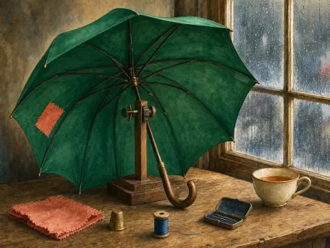 An open green umbrella in a wooden clamp on a workbench beside sewing tools, a teacup, and a rainy window.