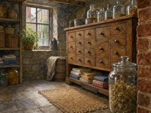 A wooden apothecary chest lined with jars of dried herbs in a stone cellar next to a rainy window.