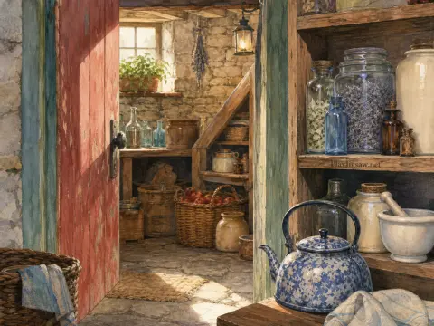 An open red door reveals a sunlit stone pantry filled with glass bottles, dried herbs, and a basket of apples.